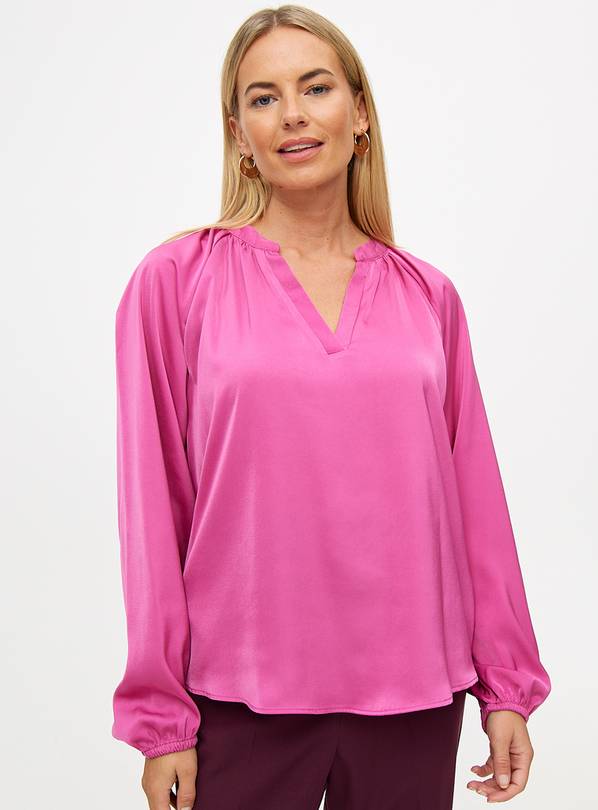 Bright Pink Satin Popover Long Sleeve Blouse 20